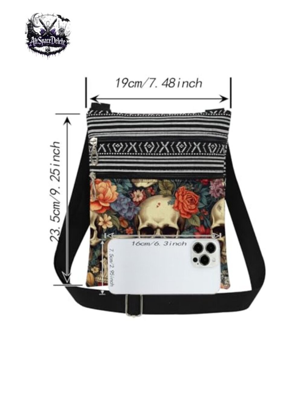 Polyester Skull Floral Print Crossbody Bag Adjustable Strap Double Zip - Picture 3 of 6